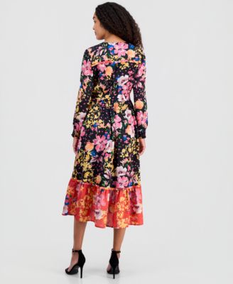 Women's Mixed Floral-Print Tiered Fit & Flare Dress