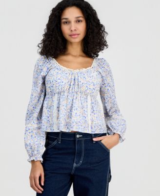 Juniors' Long-Sleeve Woven Peasant Top