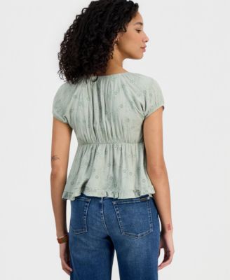 Juniors' Short-Sleeve Embroidered Sweetheart-Neck Babydoll Top