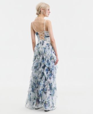 Juniors' Tiered Floral-Print Mesh Gown