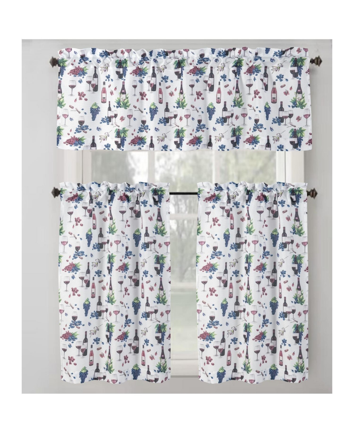 Rt Designer's Collection Wine Printed Slub 3 Pieces Kitchen Curtain Set Includes 1 Valance 52" x 18" and 2 Tiers 26" x 36" Each Mu