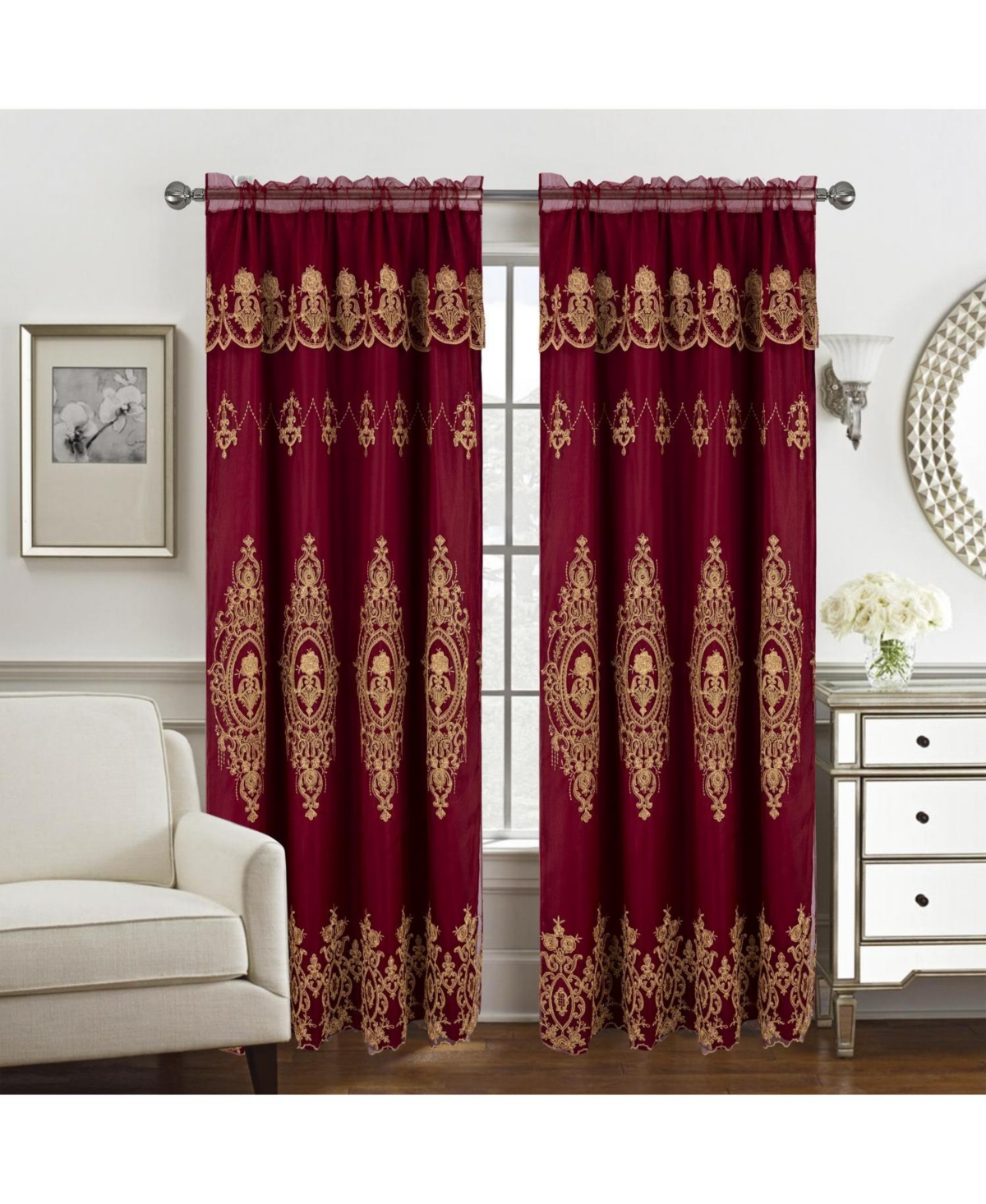 Rt Designers Collection Daisy Embroidery Grommet Curtain Panel With Attached Valance 54" x 84" Brgundy/Gold