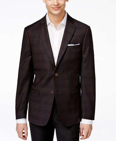 DKNY Men's Slim-Fit Dark Brown Windowpane Sport Coat