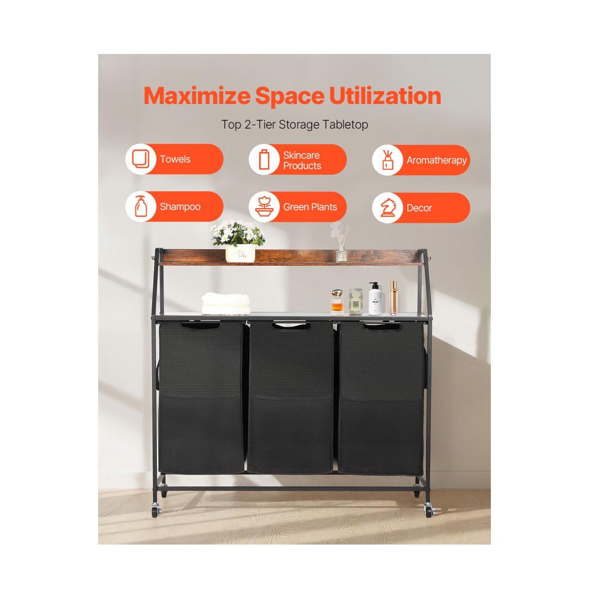 Slickblue Laundry Sorter on Wheels with 2 Tiers, 3 Bags, and Hooks