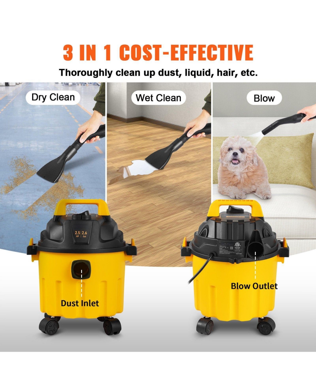 Ecooso Wet Dry Vac, 2.6 Gal 2.5 Peak Hp, 3-in-1 Portable Shop Vacuum with Blower & Attachment Storage, Ideal for Floor, Upholstery & Car Cleaning