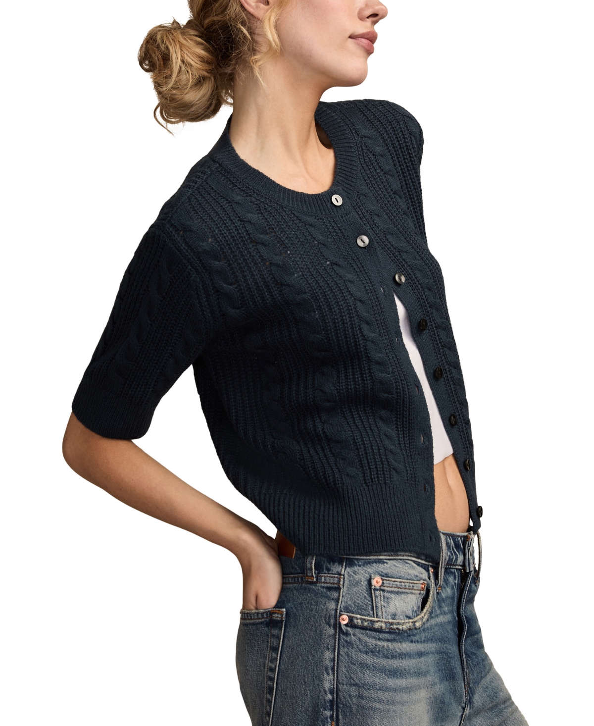 Lucky Brand Women's Short-sleeve Cable Cardigan In Blue
