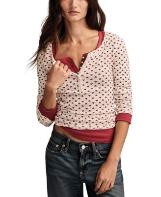 Women's Valentine Pointelle Trim Rib Henley Top