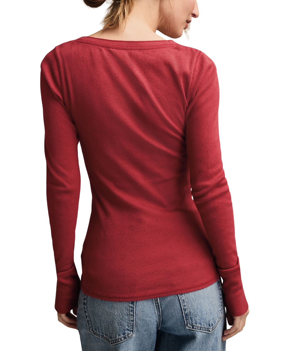 Lucky Brand Women's Valentine Pointelle Trim Rib Henley Top