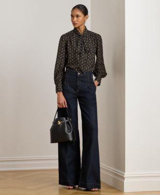 Women's Geo-Print Crepe Tie-Neck Blouse