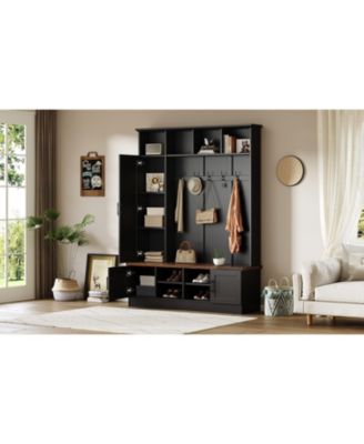 Versatile 3-in-1 Hall Tree with 6 Hooks Walnut Storage Bench 55" Entryway Coat Rack