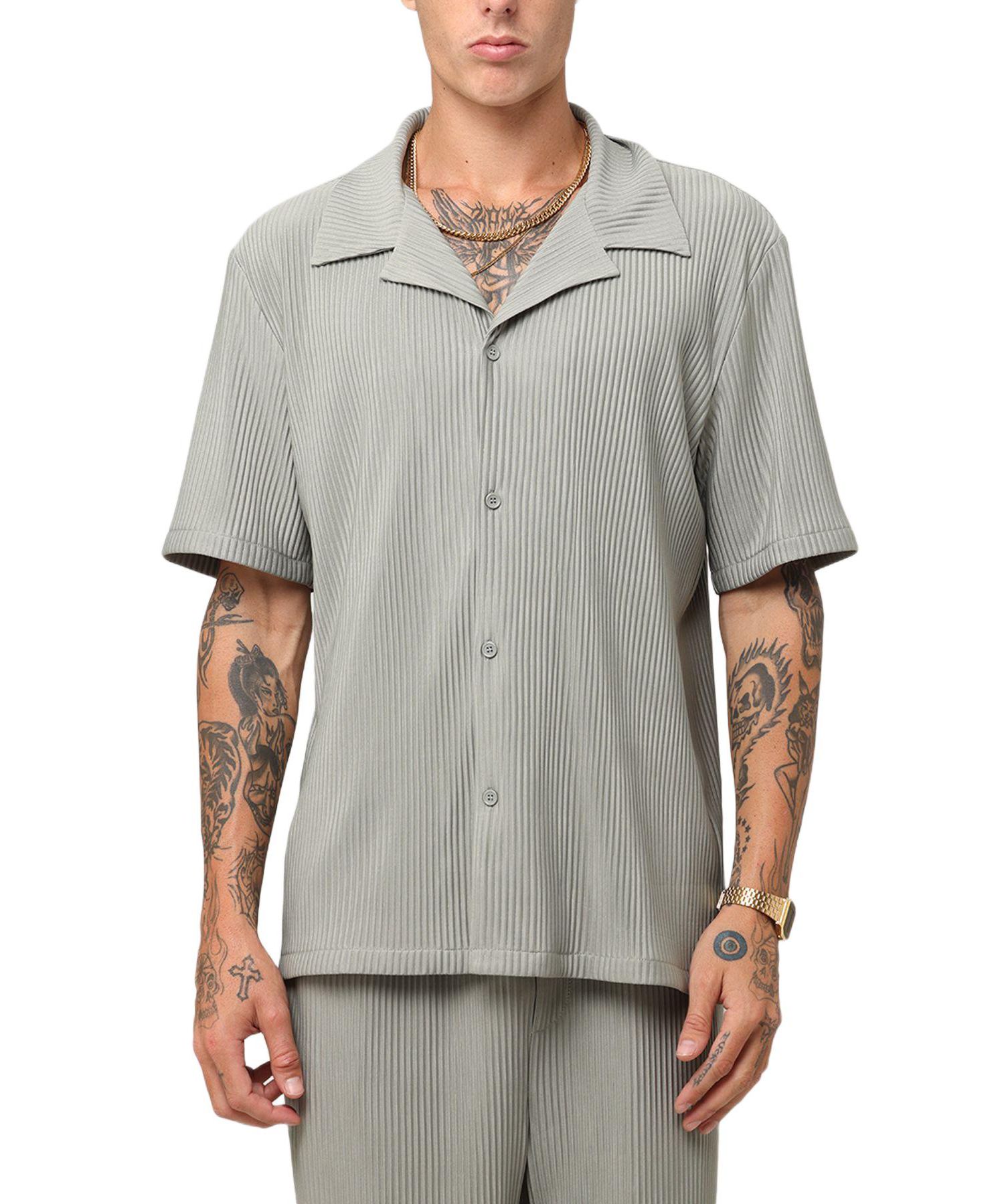 Men's Pleated Button Up Shirt - Olive M