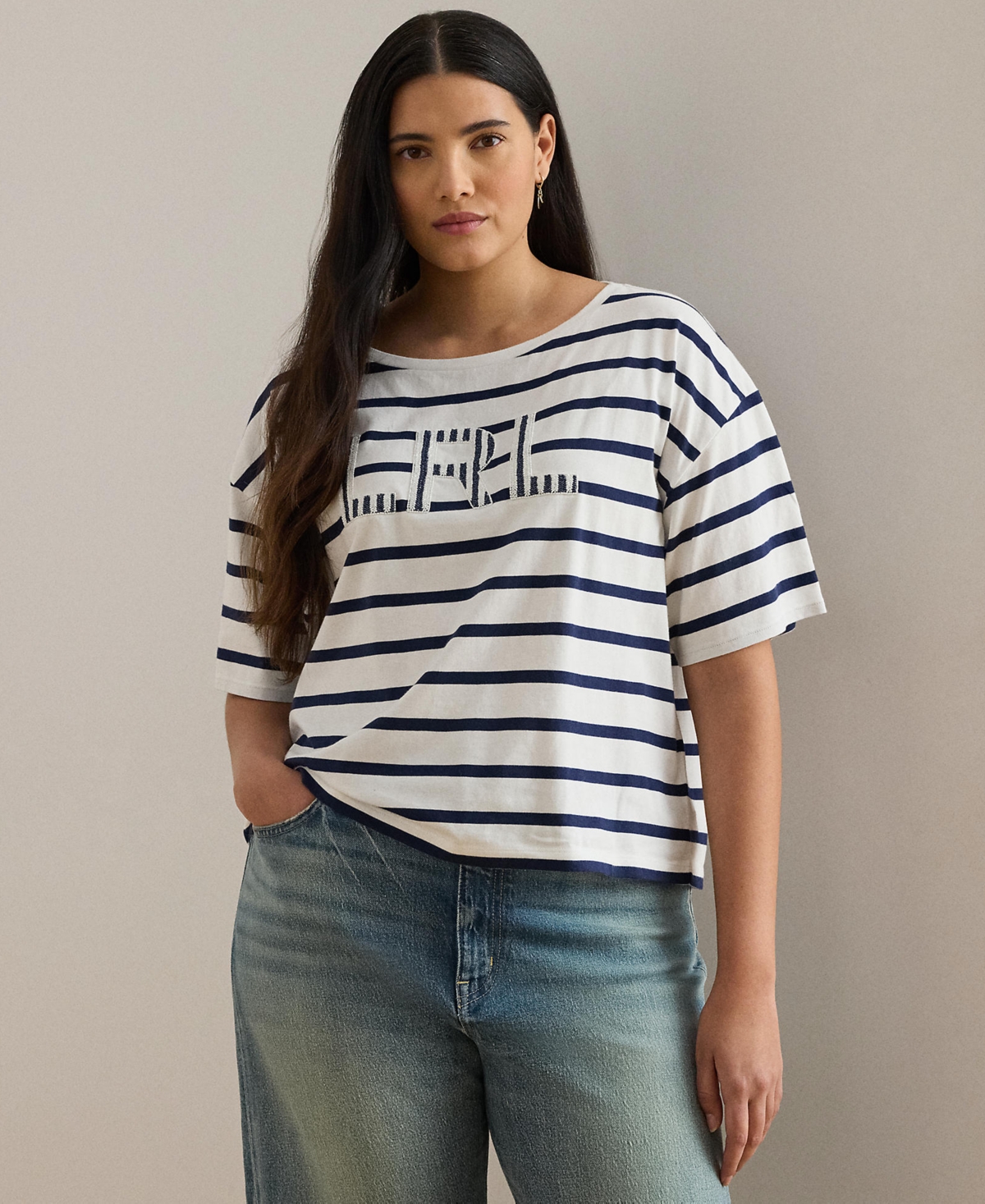 Lauren Ralph Plus Striped Boat Neck T-Shirt