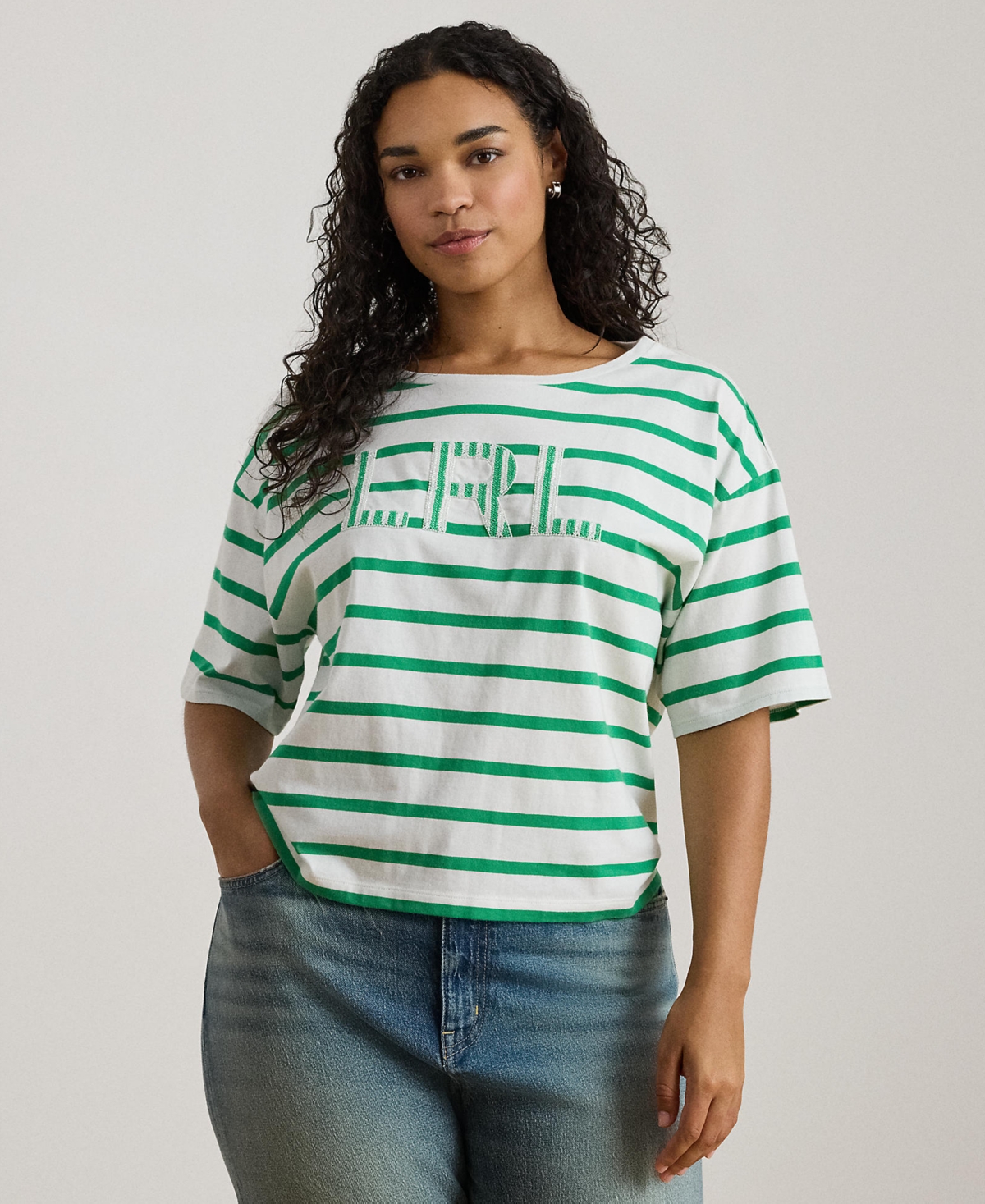 Ralph Lauren Plus Size Striped Boat Neck T-shirt