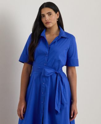 Plus Size Belted Point Collar Shirt Dress