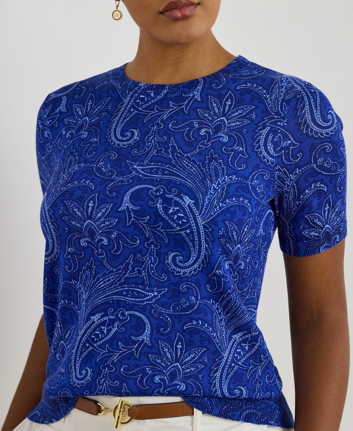 Lauren Ralph Plus Paisley Short-Sleeve Sweater