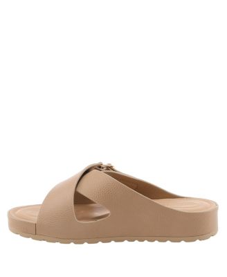 Women s RUTHA Criss-Cross Strap Slide Sandals with Gold Buckle and Padded Insole