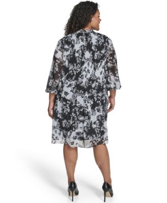 Plus Size Tie Split Neck Pleated Bodice Dress