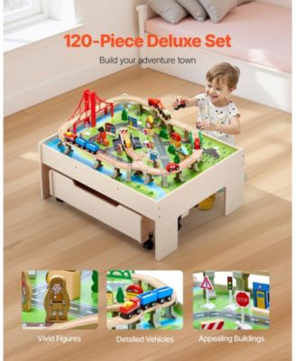 3-in-1 Wooden Train Activity Table with 100 PCS and Rolling Drawer