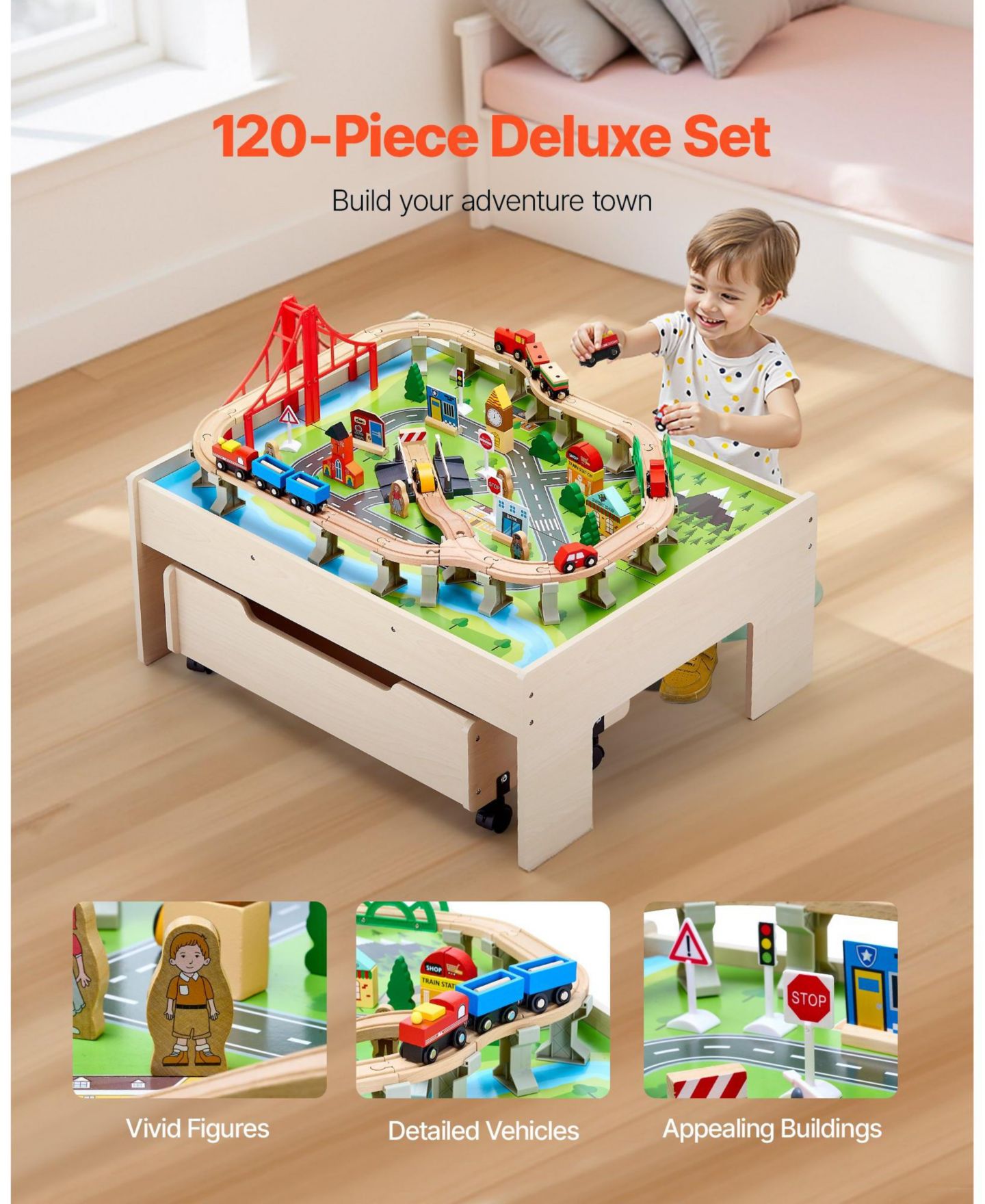 Детские игрушки Mecale 3-in-1 100-Piece Reversible Wooden Train Activity Table, цвет: Натуральный — фото 7