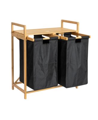 Bamboo Pull Out Double Hamper with Shelf, Natural and Black