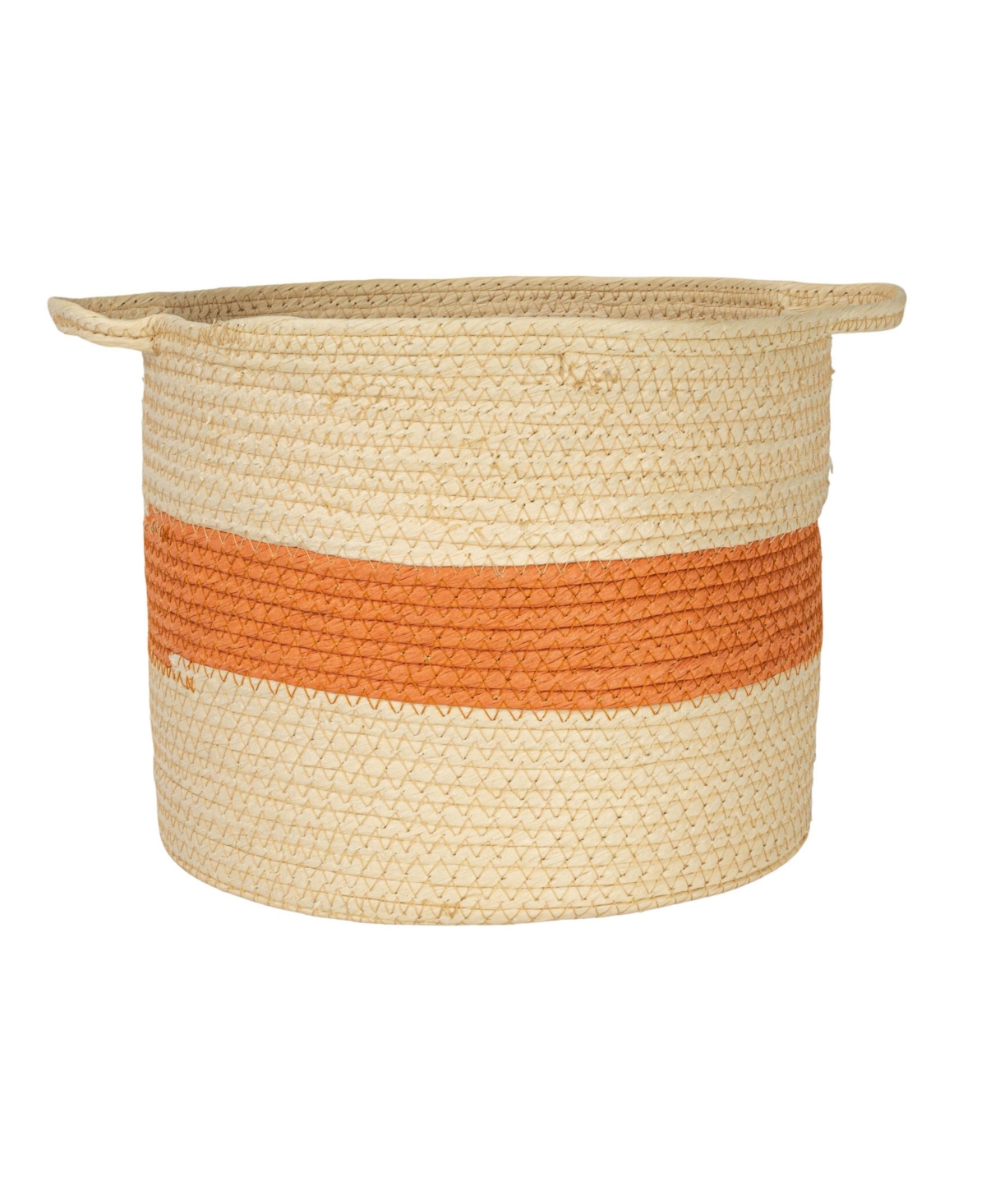 Household Essentials Round Handwoven Paper Rope Basket with Terracotta Stripe and Handles, Natural