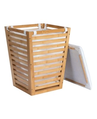 Slatted Natural Hamper with Cushioned Lid and Removable Cotton Bag, Natural