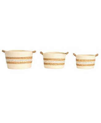 Handwoven Corded Paper and Cattail Striped Baskets with Handles, Set of 3