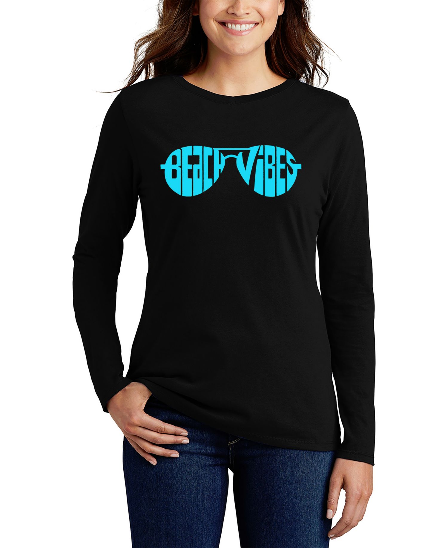 Women's Beach Vibes Word Art Long-Sleeve T-Shirt