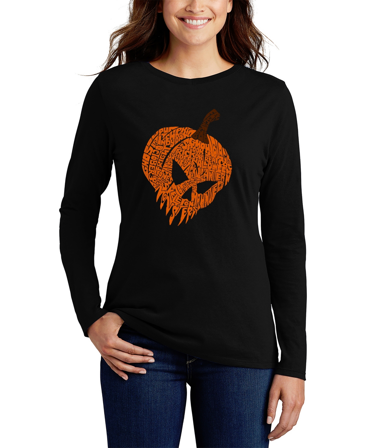 La Pop Art Women's Evil Pumpkin Word Art Long Sleeve T-shirt In Black