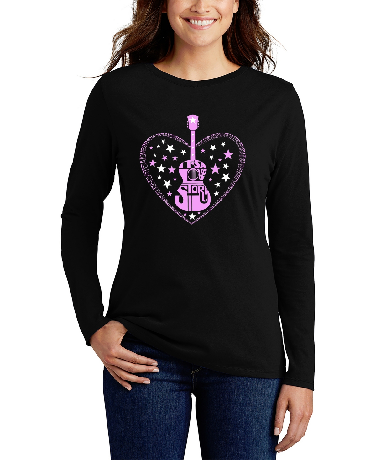 La Pop Art Women's It's A Love Storyâ Word Art Long Sleeve T-shirt In Black