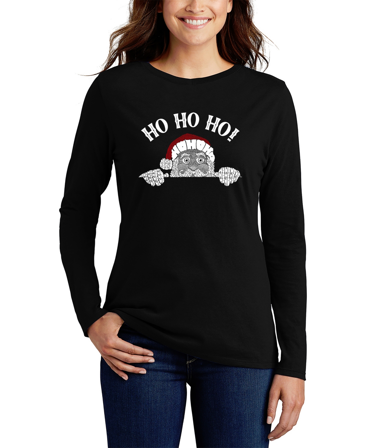 La Pop Art Women's Peeking Santa Word Art Long Sleeve T-shirt In Black