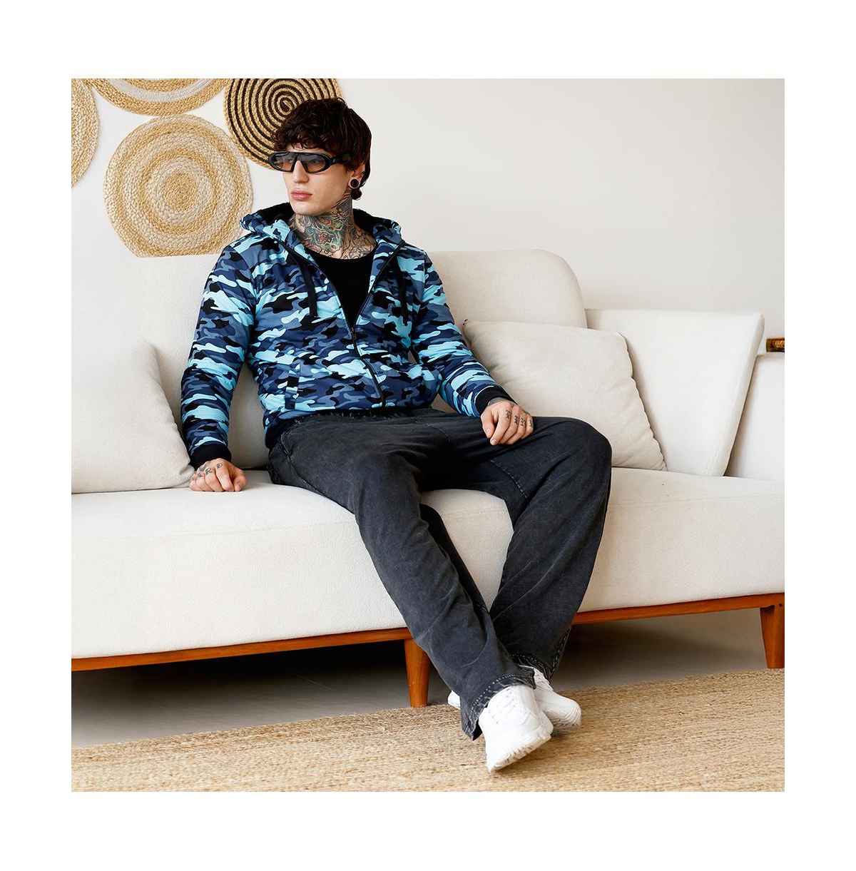 Campus Sutra Men's Navy Blue Camouflage Fleece-Lined Jacket