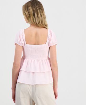 Juniors' Puff-Sleeve Tiered Babydoll Top