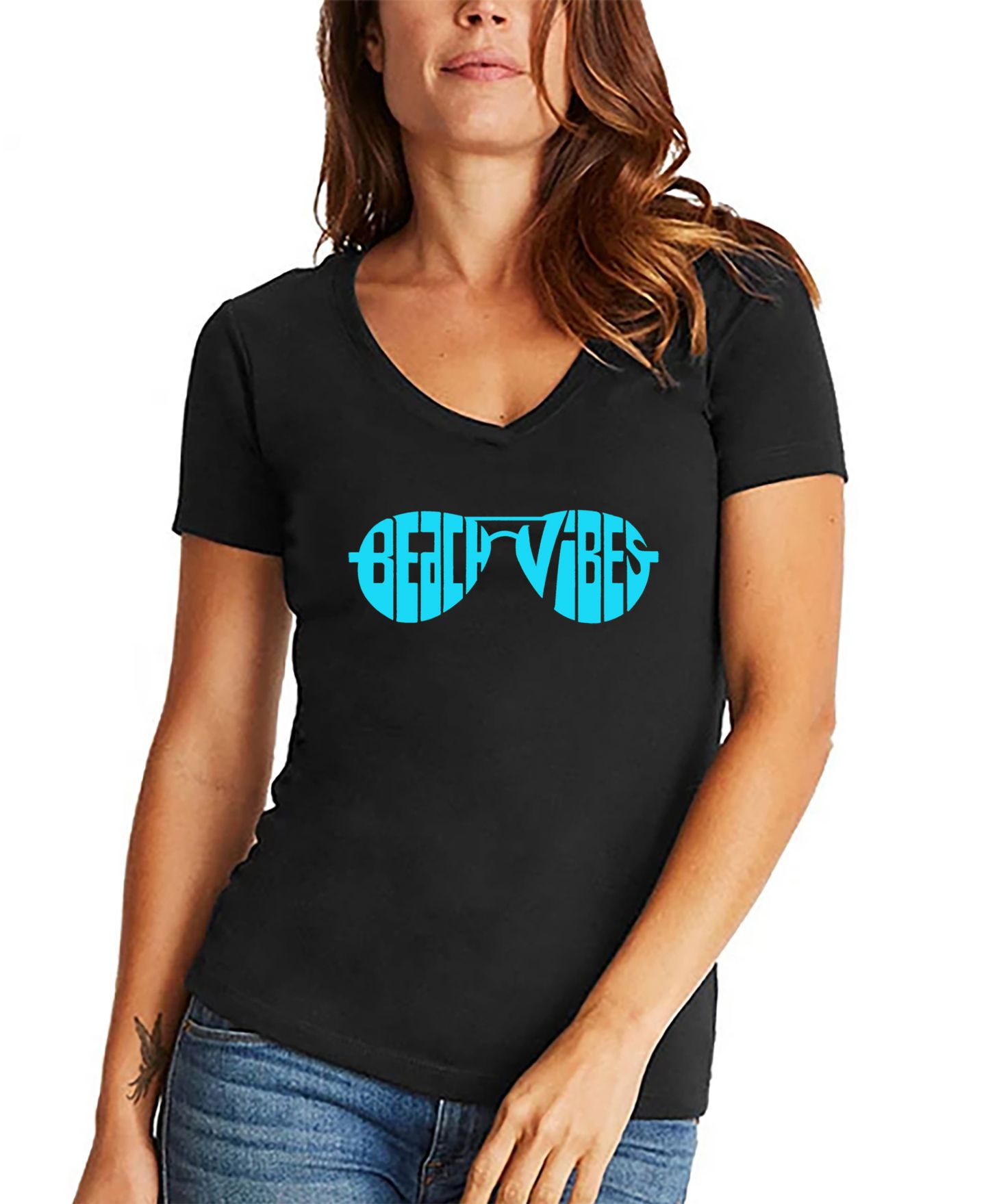 Женская футболка LA Pop Art Beach Vibes Word Art V-Neck, цвет: Чёрный — фото 1