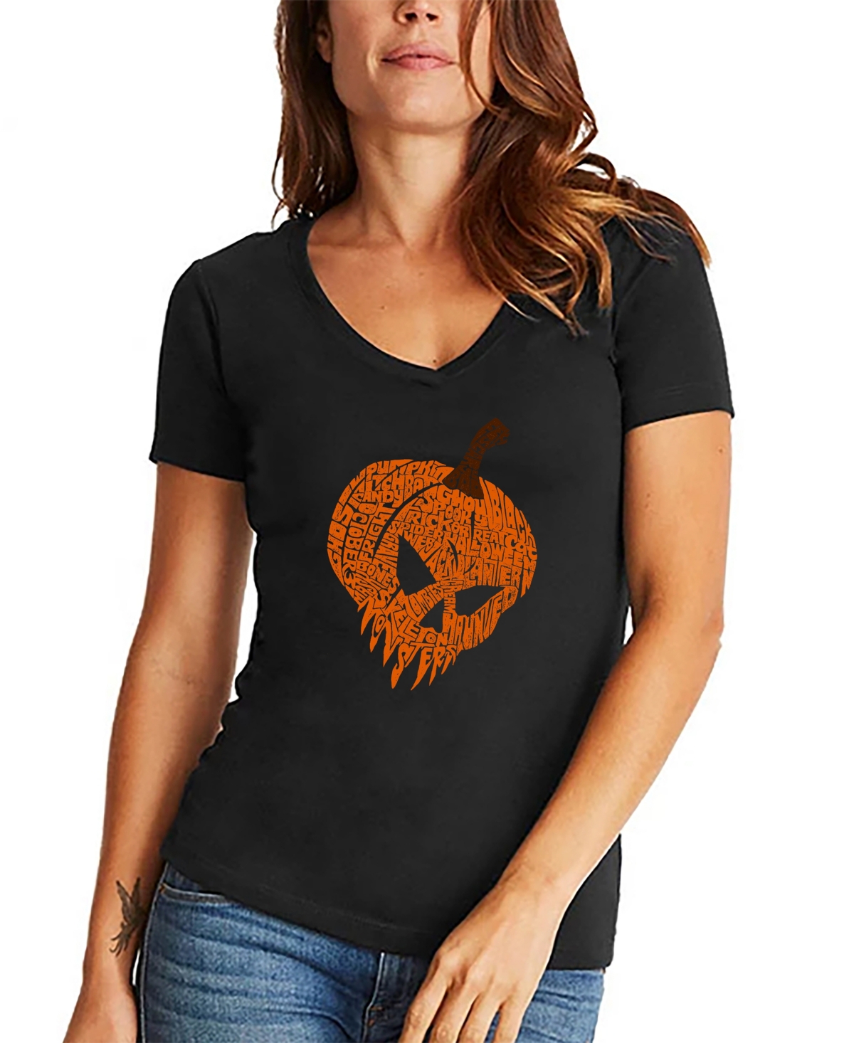 La Pop Art Women's Evil Pumpkin Word Art V-neck T-shirt In Black