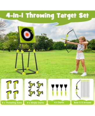 4-in-1 Throwing Target Game Set with Axes, Darts, Bow & Arrows for Kids and Adults