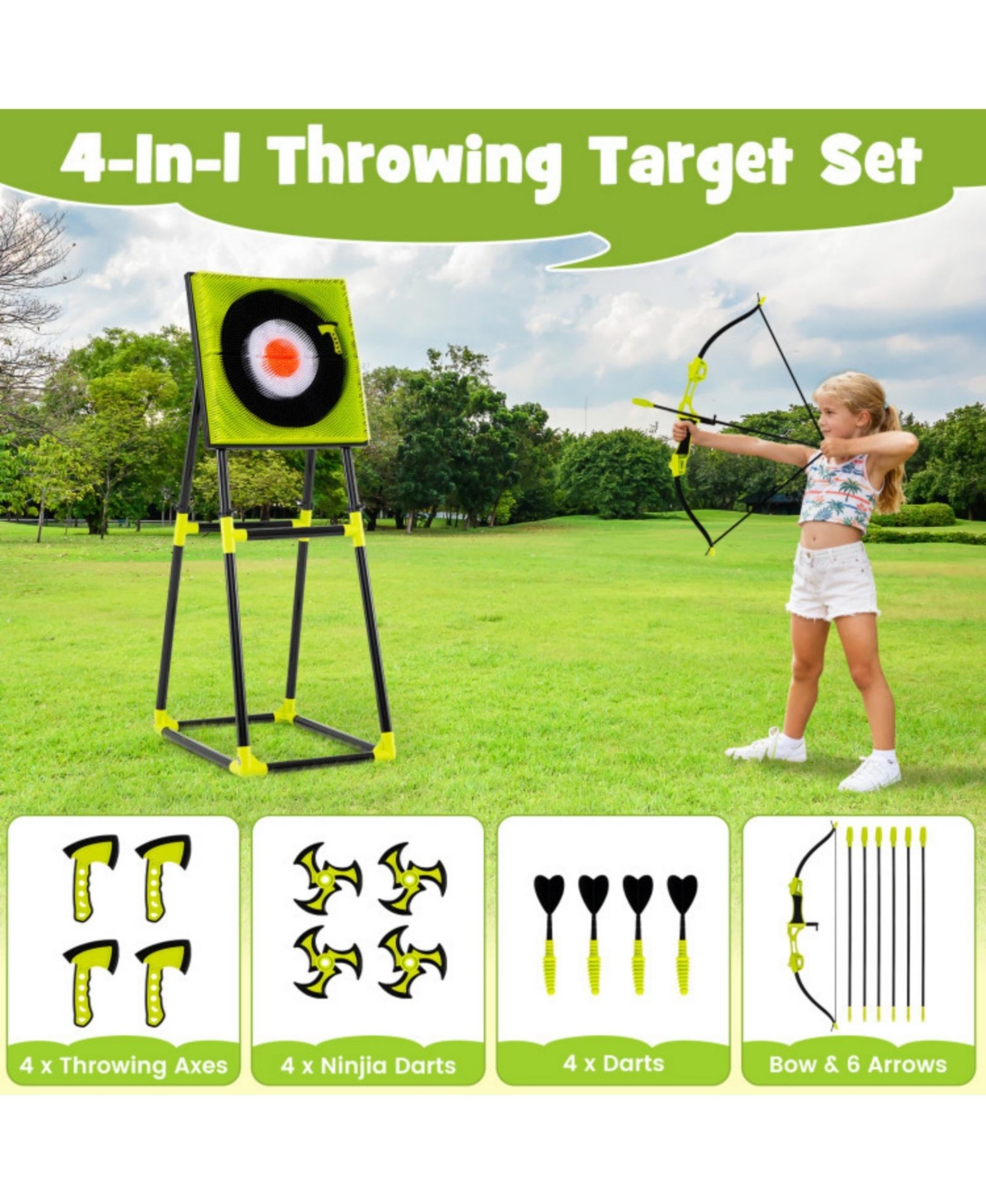 4-in-1 Throwing Target Game Set with Axes, Darts, Bow & Arrows for Kids and Adults