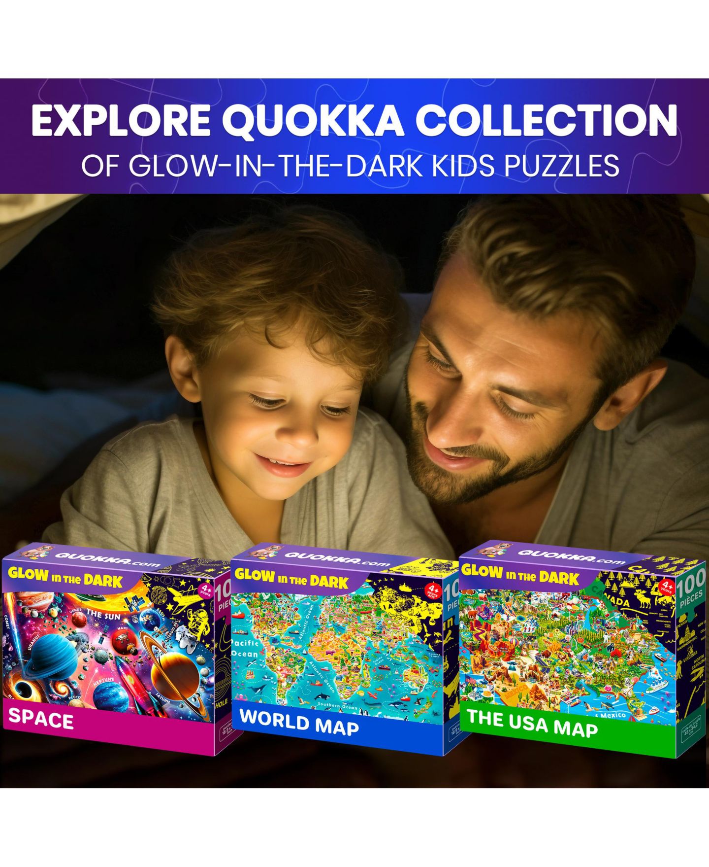 Детские игрушки Quokka USA Map, World Map & Solar System Glow-in-the-Dark 100-Piece Puzzle Set, Ages 4-8, цвет: Open Miscellaneous — фото 7