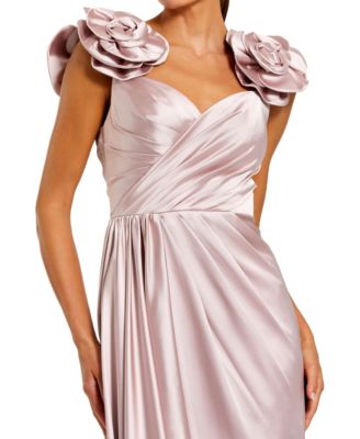 Women's Faux Wrap Satin Gown With 3D Flower Straps
