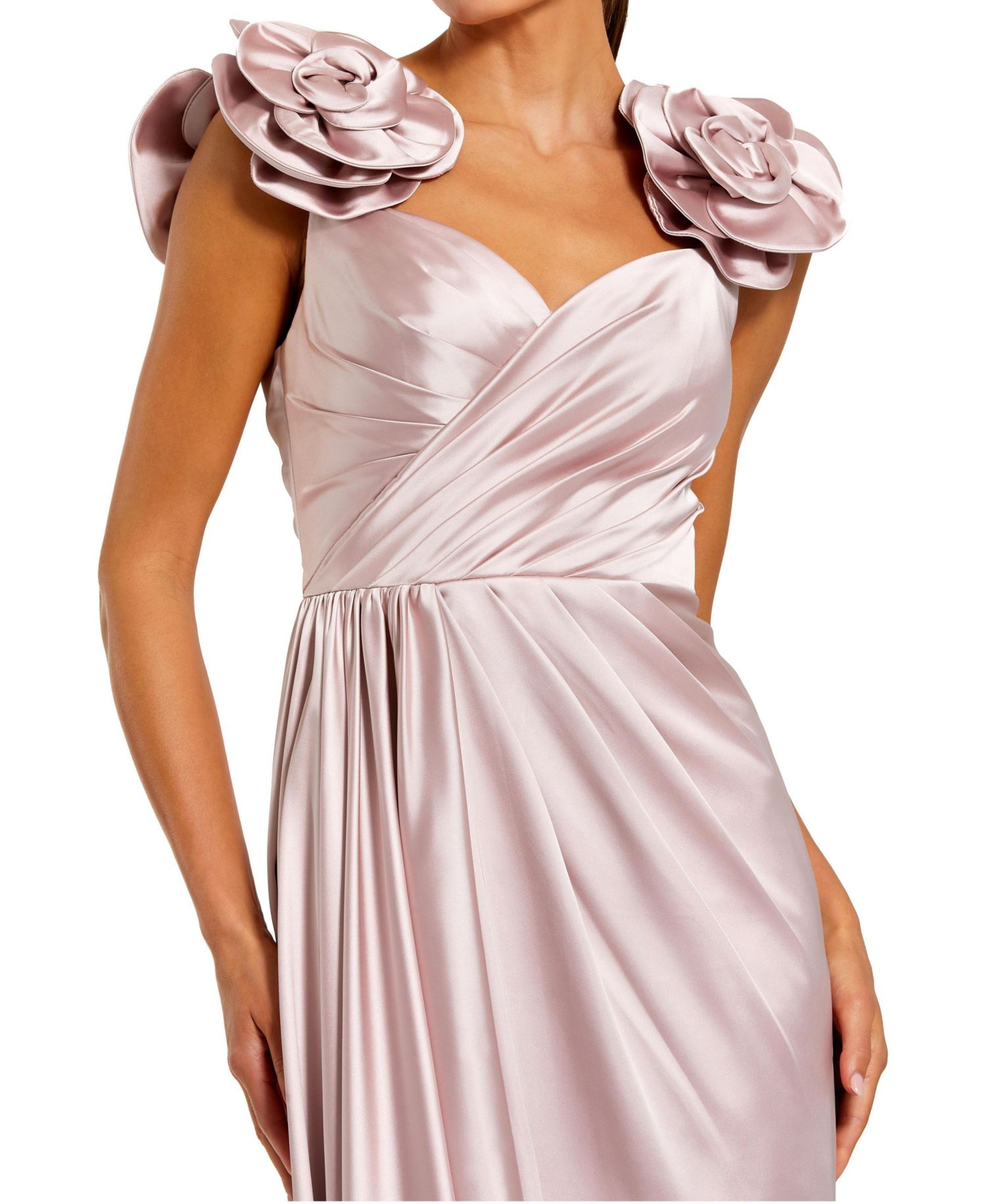 Women's Faux Wrap Satin Gown With 3D Flower Straps