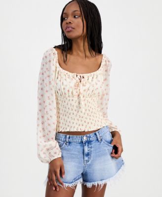 Juniors' Smocked Tie-Neck Top