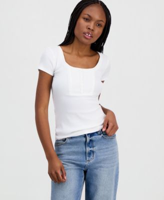 Juniors' Ribbed Lace-Yoke Top