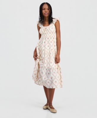 Juniors' Printed Cotton Tiered Midi Dress