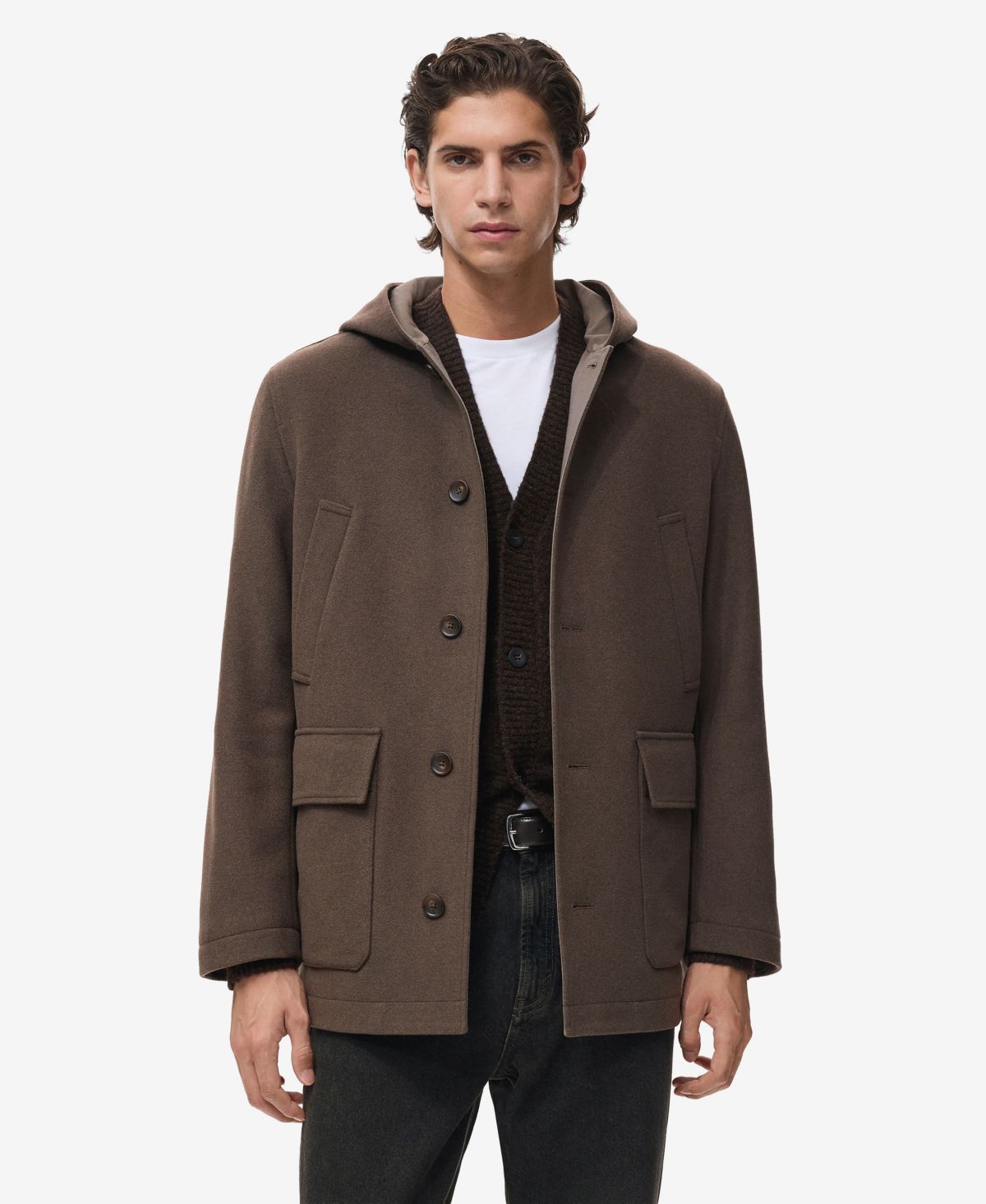 Мужское шерстяное пальто с капюшоном