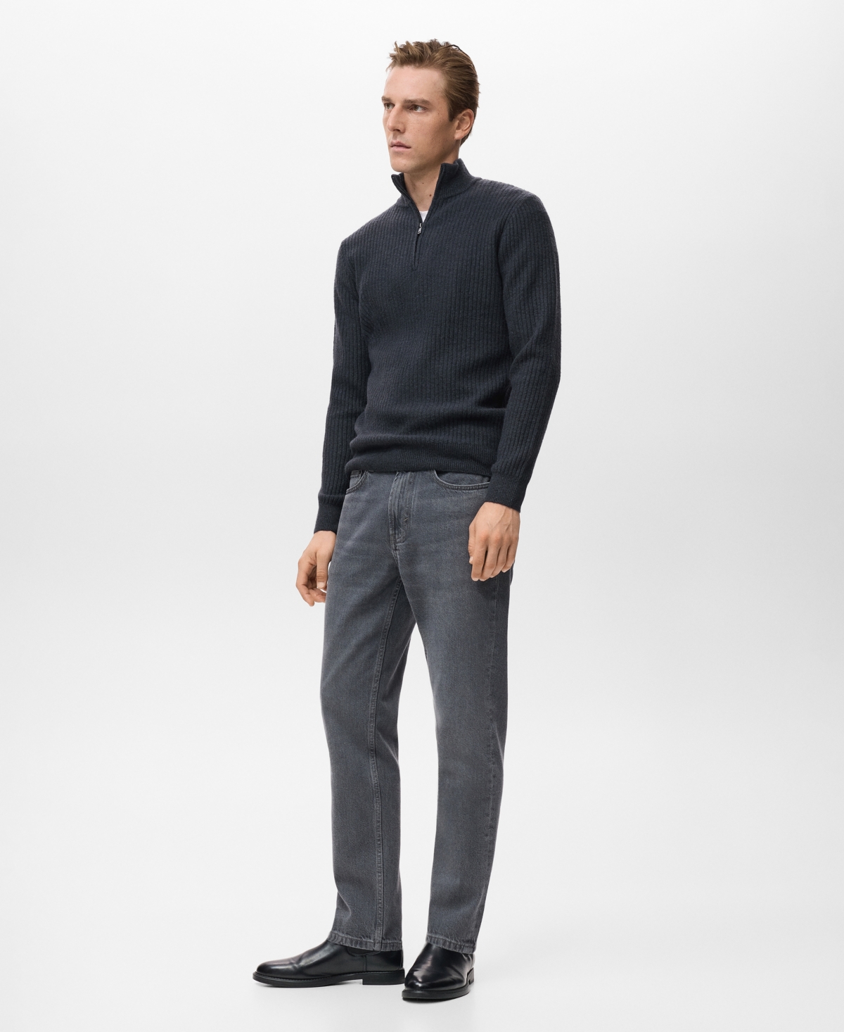 Mango Men's Zip Neck Ribbed Sweater