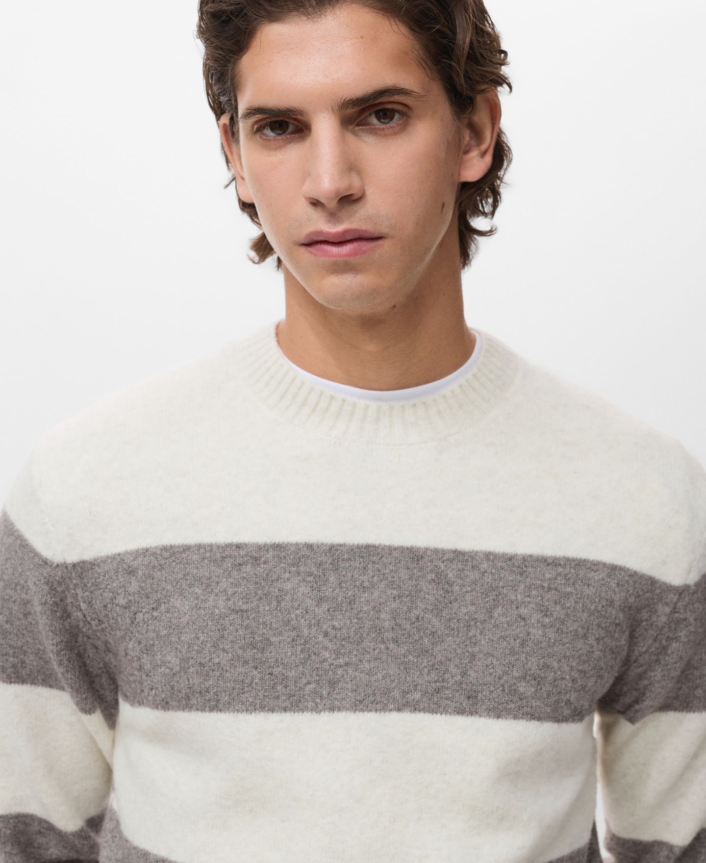 Мужской свитер MANGO Wool-Blend Striped, цвет: Экрю — фото 4