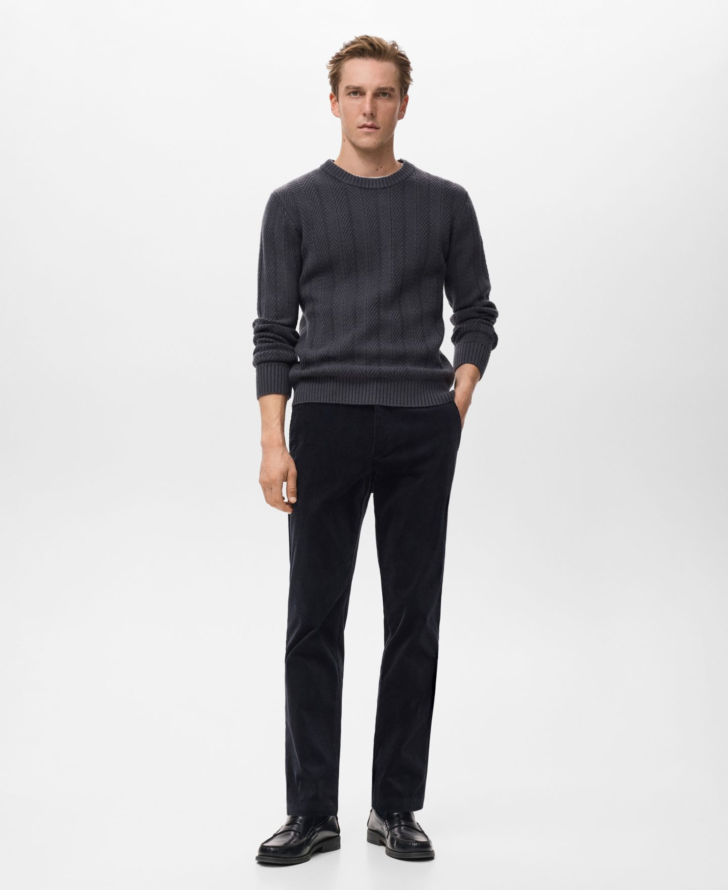 Мужской свитер MANGO Herringbone Structured, цвет: Индиго синий — фото 2