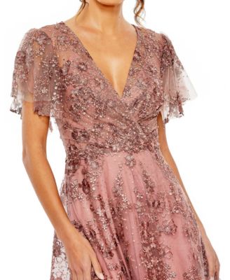 Women's Embroidered Flutter Sleeve A Line V Neck Dress