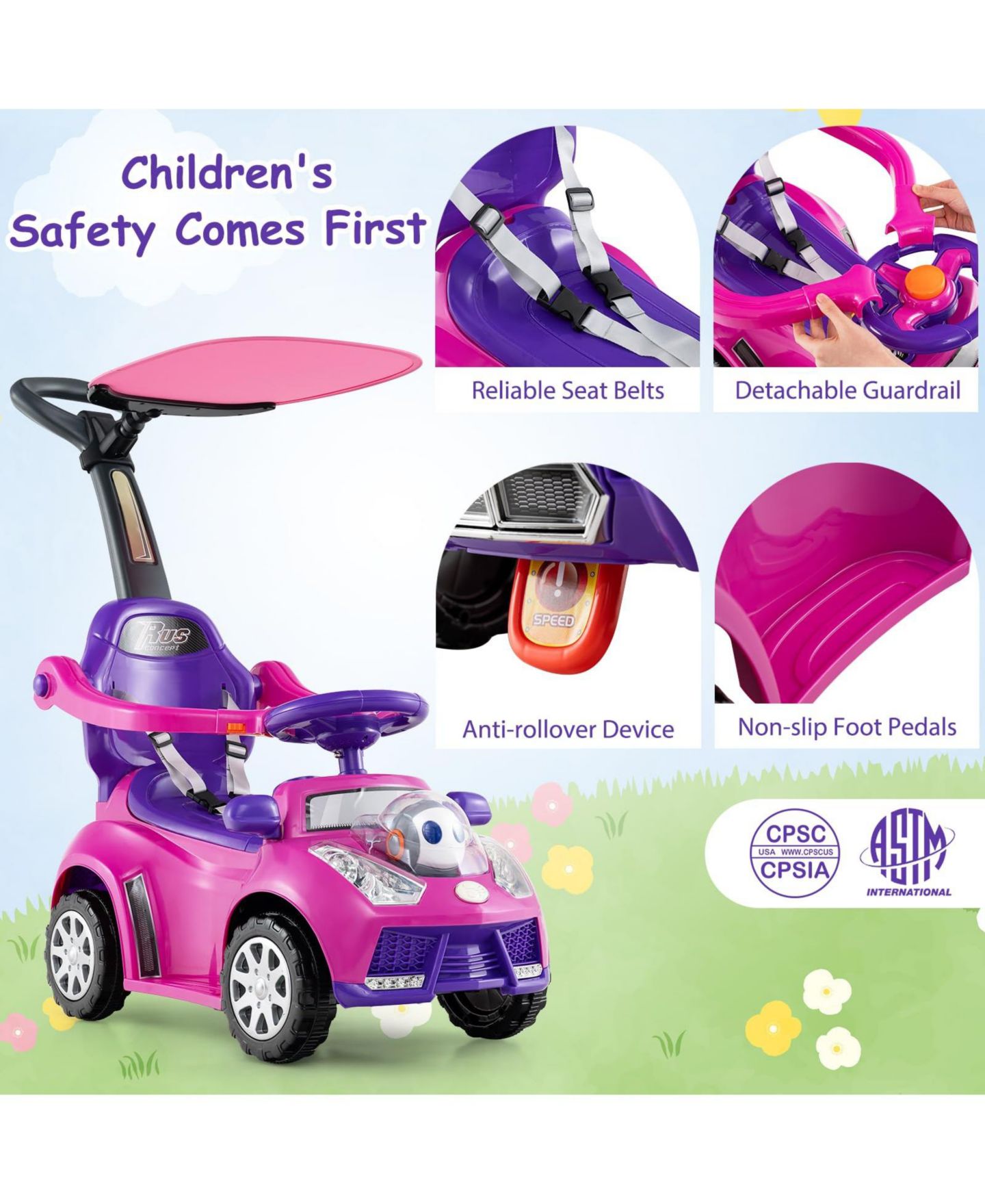 Детская игрушка Mecale 3-in-1 Push Car with Adjustable Canopy Ride-On, Ages 1+, цвет: Розовый — фото 8