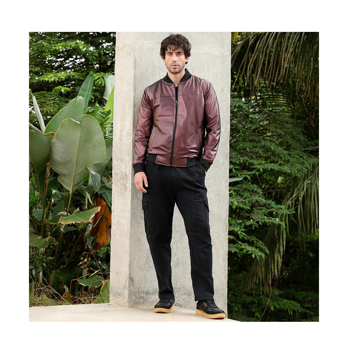 Campus Sutra Men's Chocolate Brown Patent-Panel Bomber Jacket